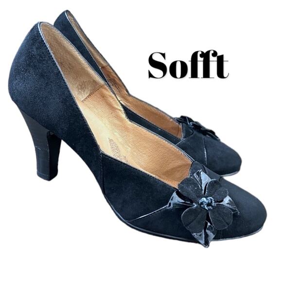Sofft Pump Shoe SWomen's Size 9.5M Trimmed Black Suede Leather Kitten Heel - Picture 4 of 15
